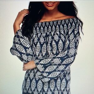 Society Girl Tunic Top Off the Shoulder Blue Batik Print Shirt Blouse Size Small